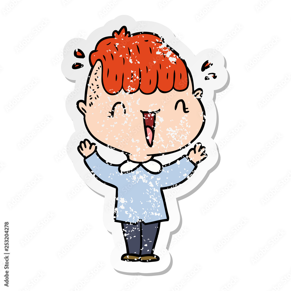 distressed sticker of a cartoon happy boy surprised distressed sticker of a cartoon happy boy surprised