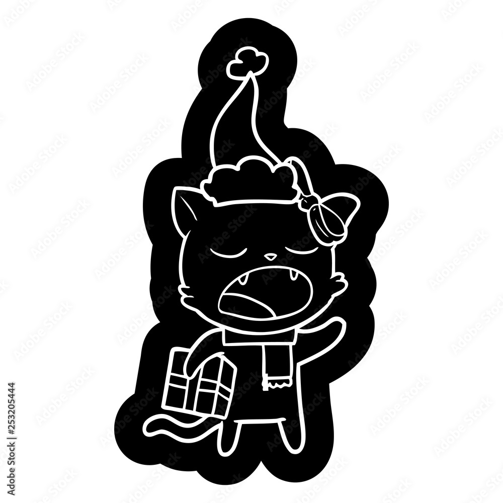 cartoon icon of a cat with christmas present wearing santa hat cartoon icon of a cat with christmas present wearing santa hat
