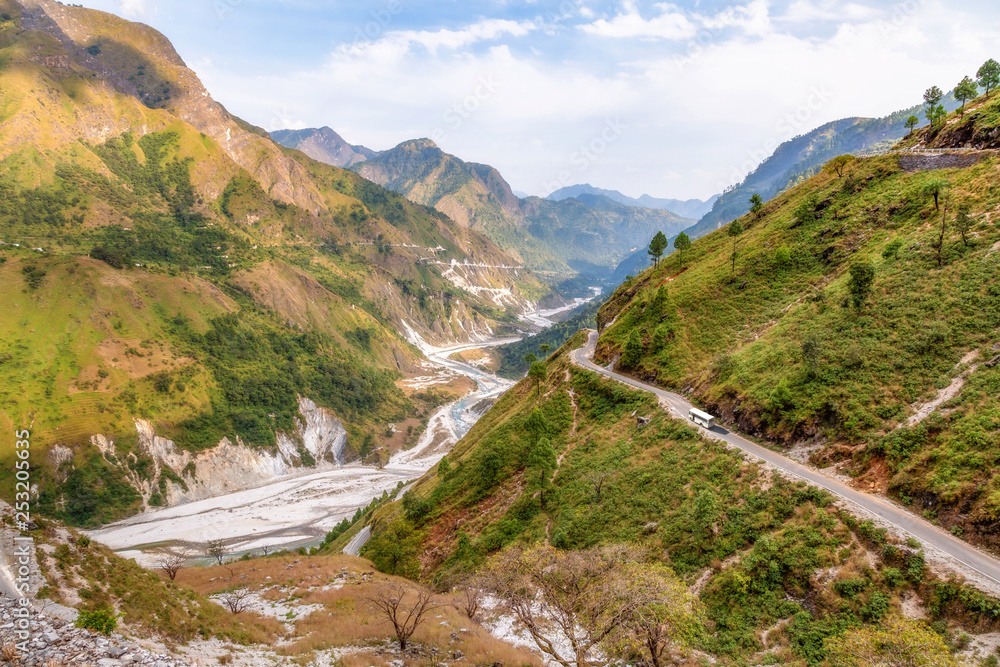 Aerial view of mountain river valley with scenic landscape near Munsiyari Uttarakhand India. Aerial view of mountain river valley with scenic landscape near Munsiyari Uttarakhand India.