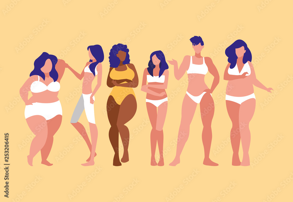 women of different sizes and races modeling underwear - obrazy, fototapety, plakaty 