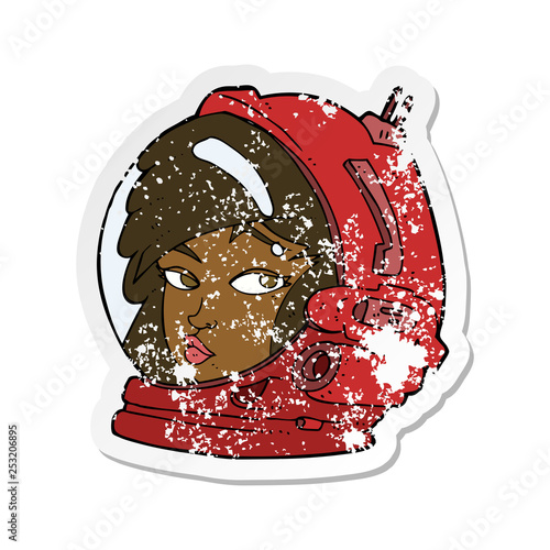 retro distressed sticker of a cartoon female astronaut