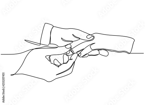 continuous line drawing of close up of male hand inserting an engagement ring Into a finger