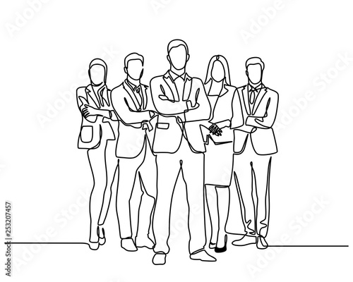 continuous line drawing of business team standing with crossed arms. Isolated over white background. Vector