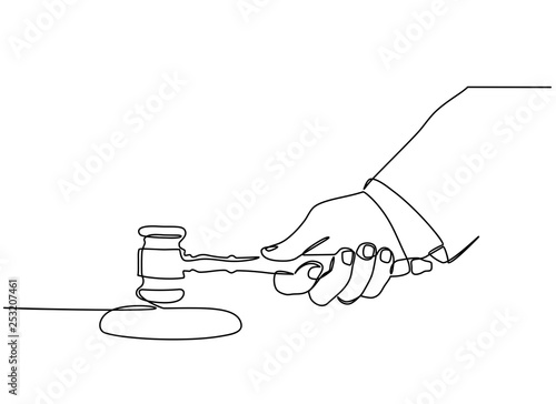 Continuous line drawing of a hammer of justice in the hands of judges. The concept of law and justice. Isolated in the background. Vector