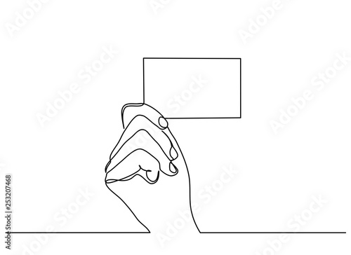 Continuous line drawing of a hand holding a card isolated on white background. Business card showing. Vector