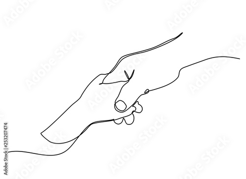 Continuous line drawing. the parent holds the hand of a small child. Display of small children holding adult finger.