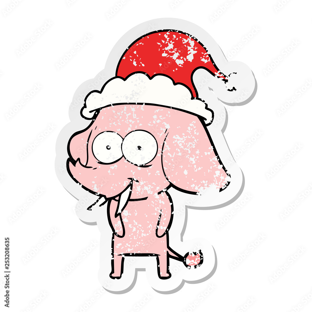 happy distressed sticker cartoon of a elephant wearing santa hat happy distressed sticker cartoon of a elephant wearing santa hat