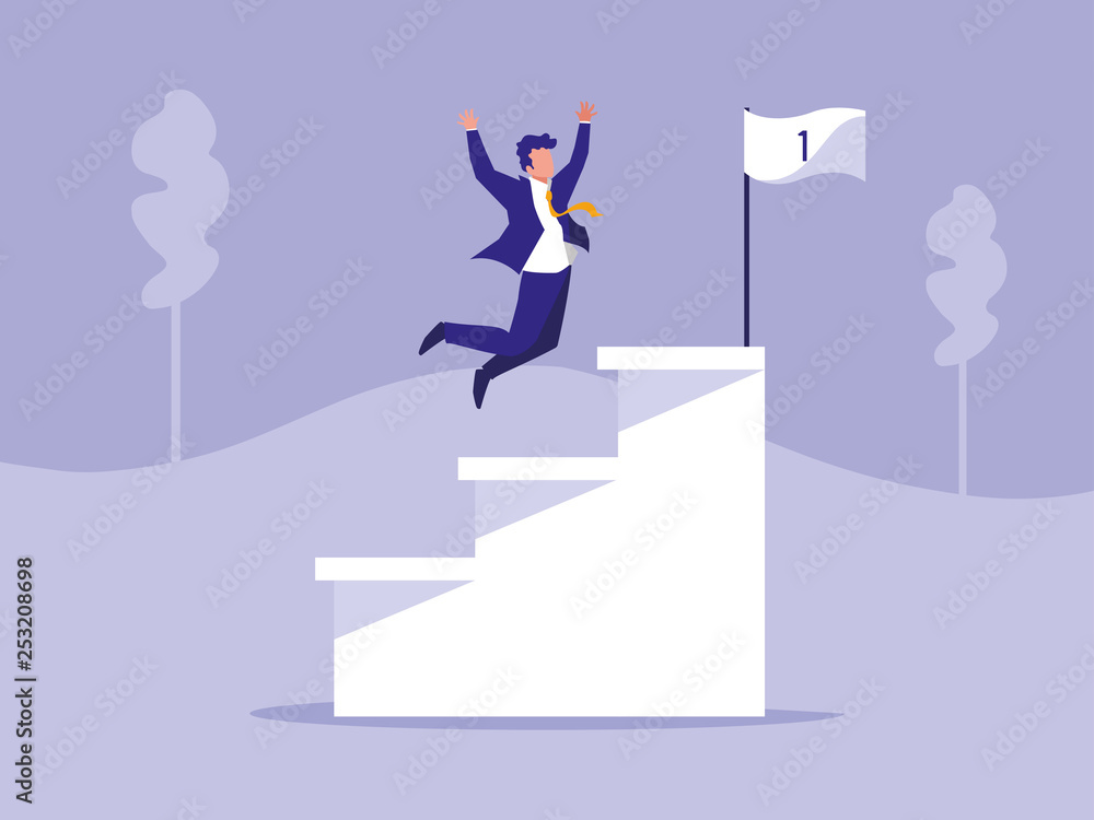successful businessman celebrating in stairs successful businessman celebrating in stairs