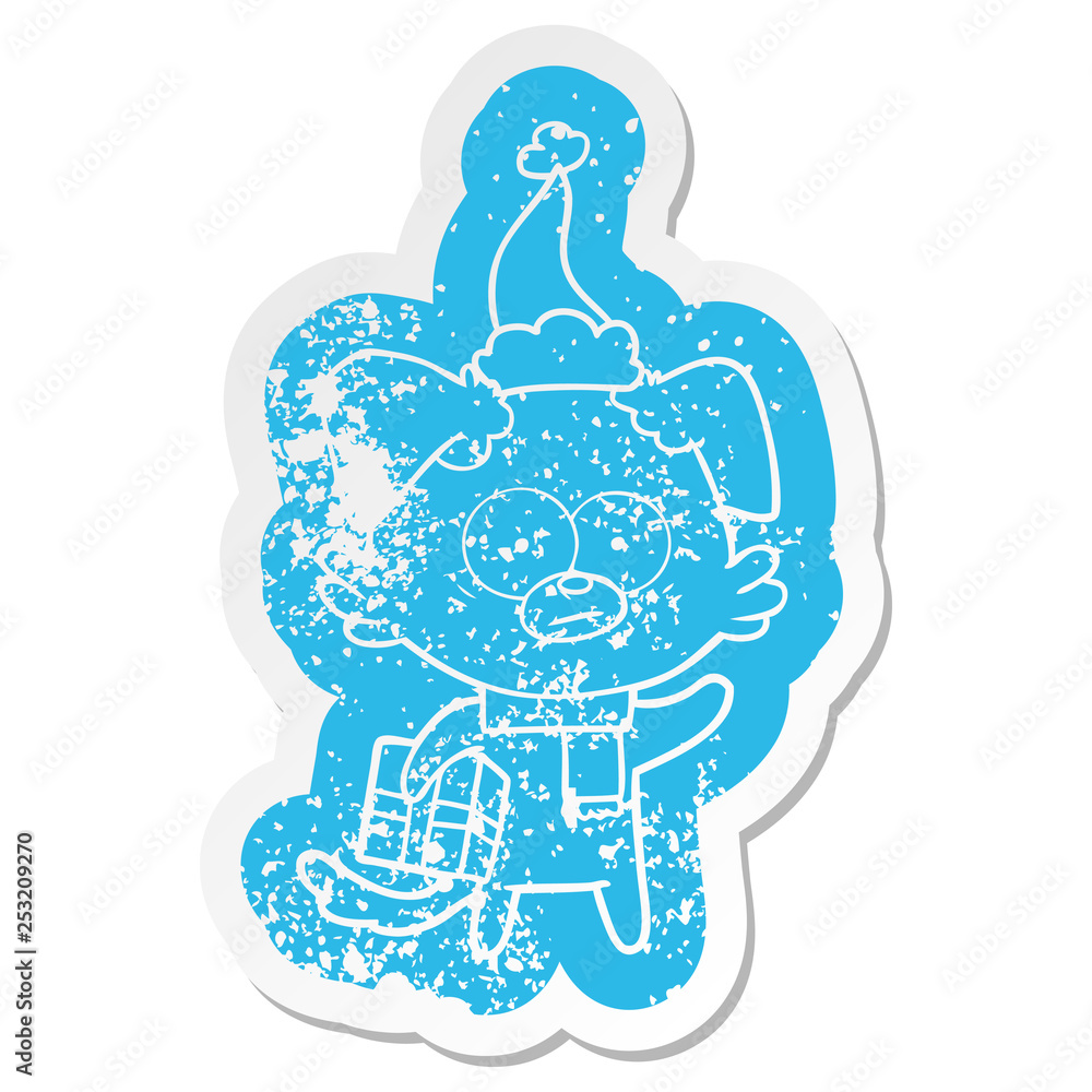 nervous dog cartoon distressed sticker of a with gift wearing santa hat nervous dog cartoon distressed sticker of a with gift wearing santa hat