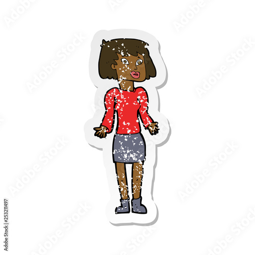 retro distressed sticker of a cartoon woman shrugging shoulders