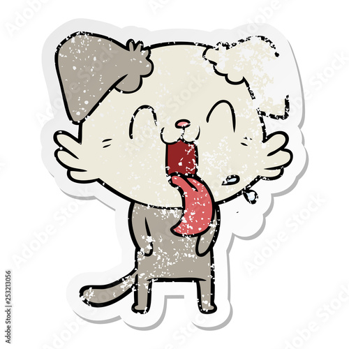 distressed sticker of a cartoon panting dog