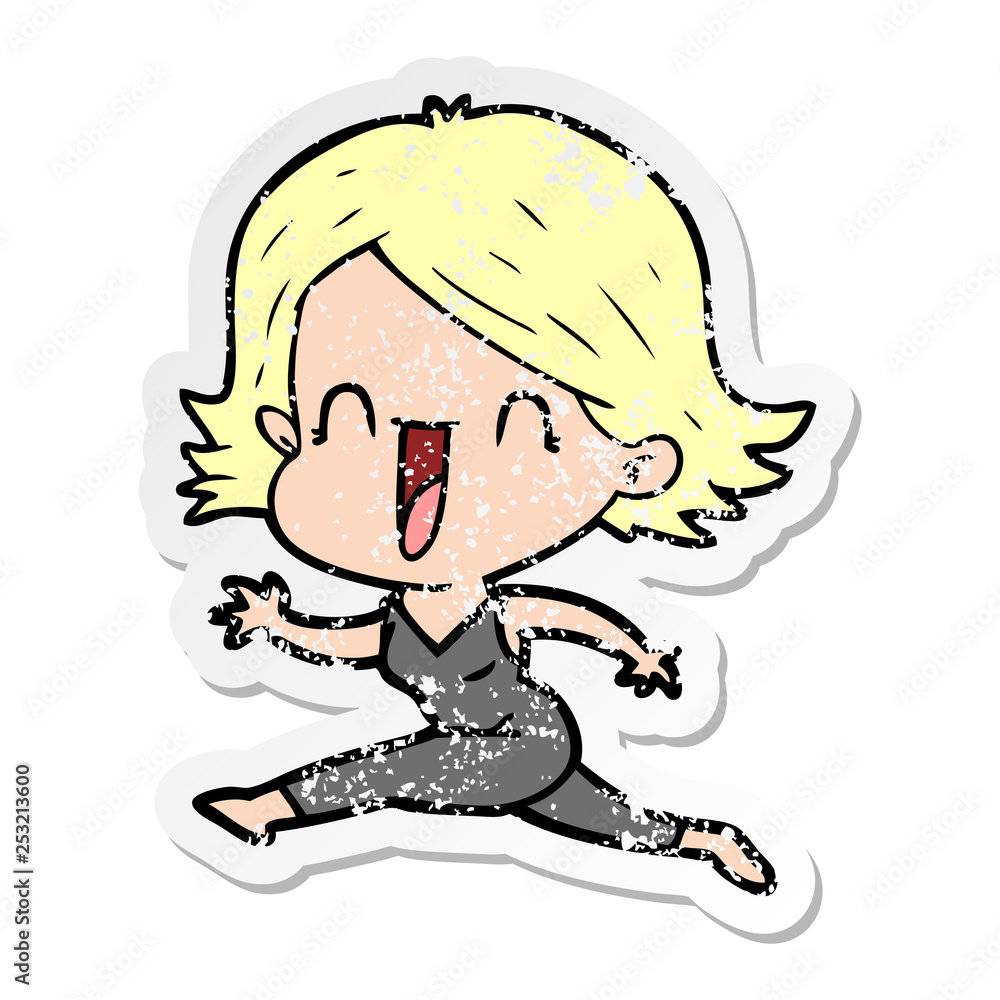 distressed sticker of a cartoon happy woman distressed sticker of a cartoon happy woman