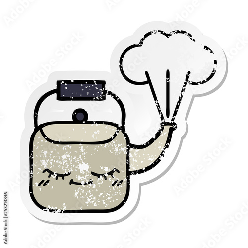 distressed sticker of a cute cartoon steaming kettle