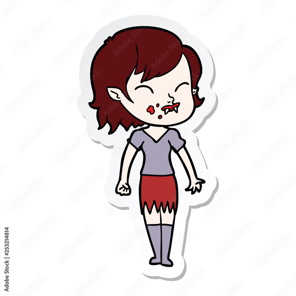 sticker of a cartoon vampire girl with blood on cheek sticker of a cartoon vampire girl with blood on cheek