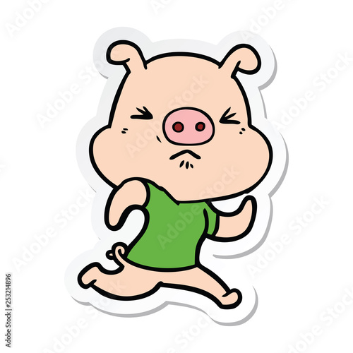 sticker of a cartoon angry pig wearing tee shirt