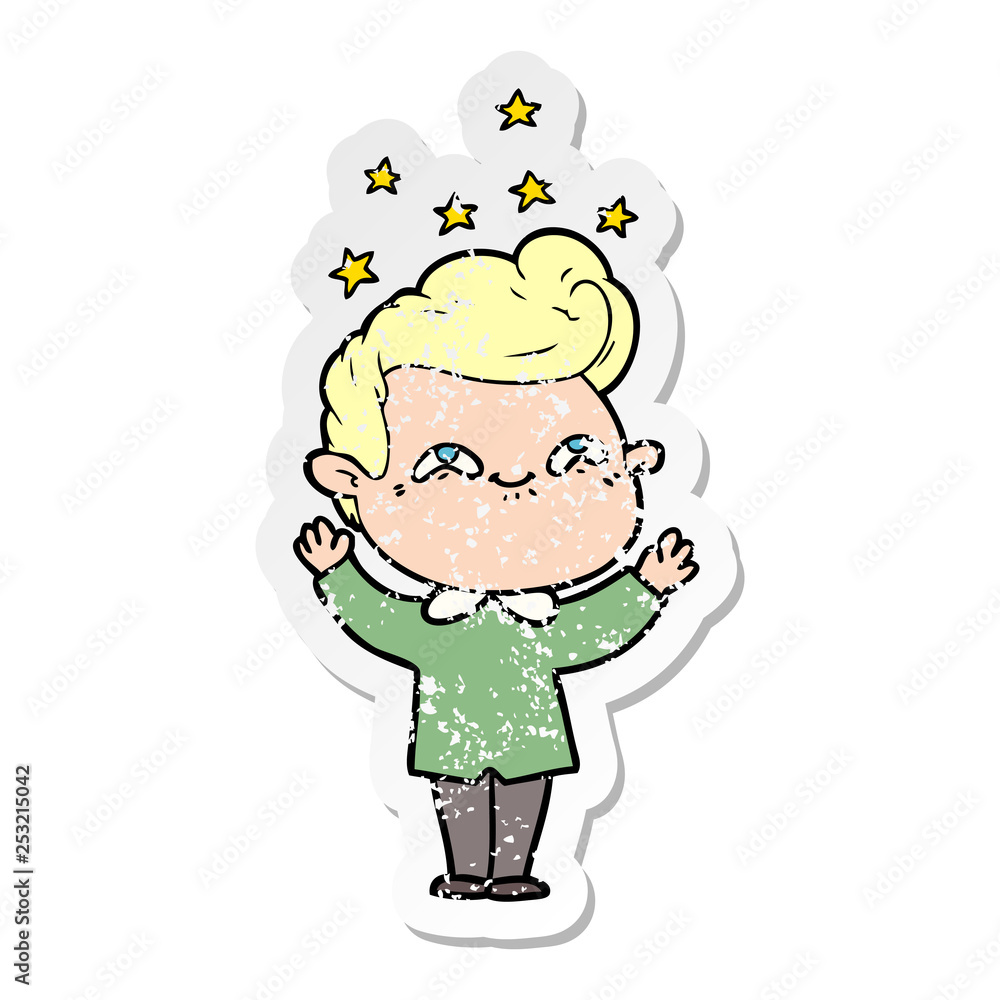 distressed sticker of a cartoon excited man distressed sticker of a cartoon excited man