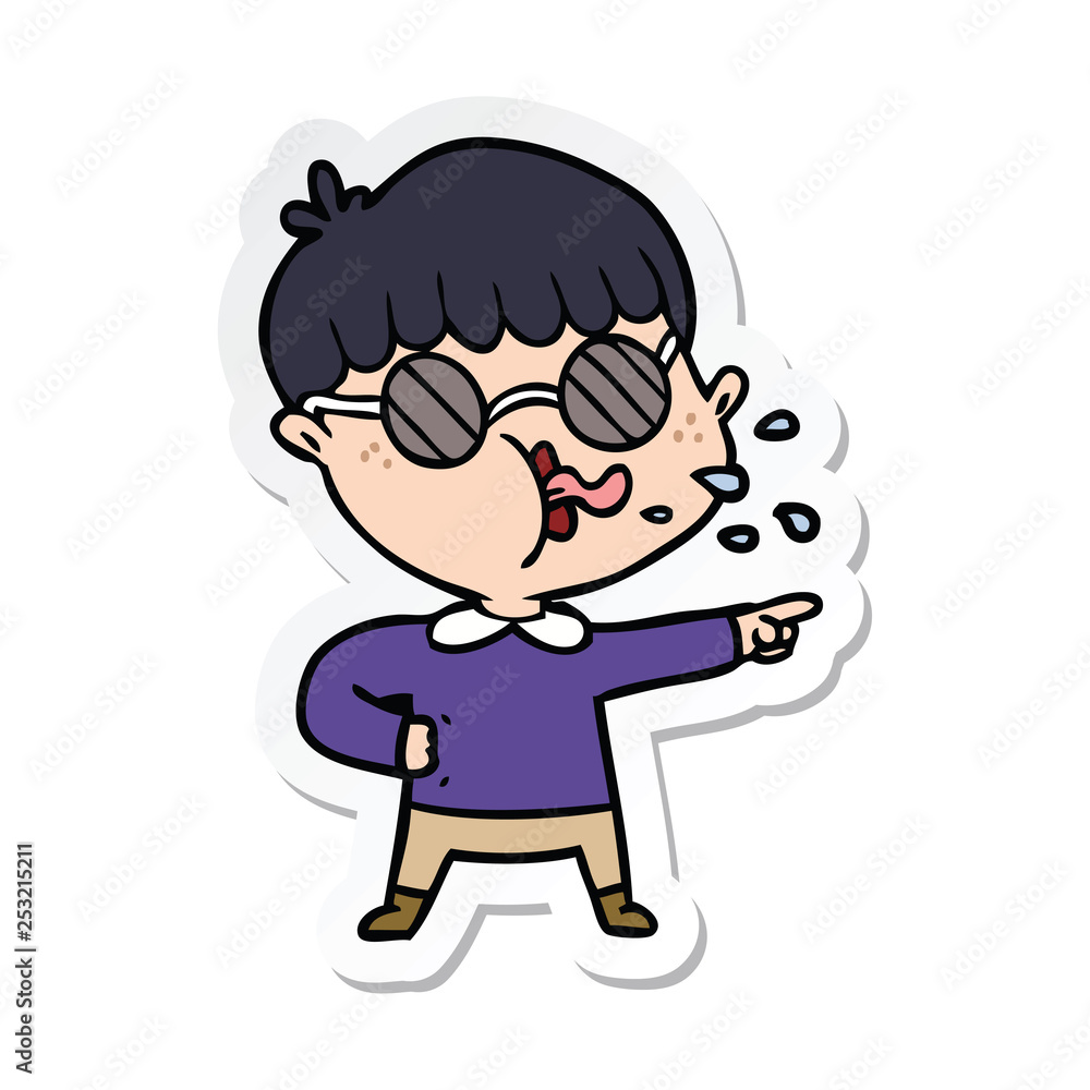 sticker of a cartoon boy wearing spectacles and pointing