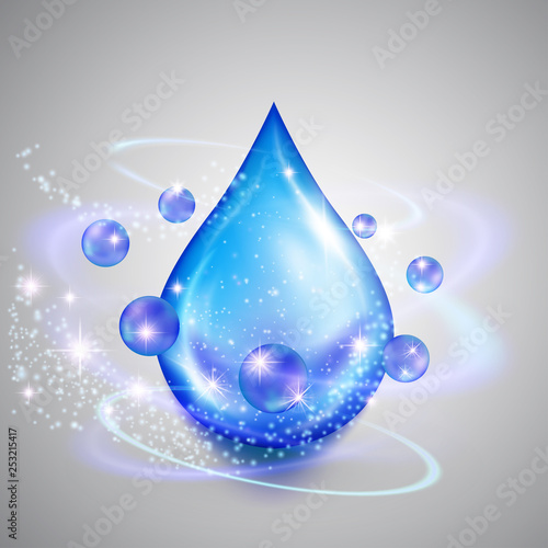 Pure blue water drop vector illustration. Swirling winds decor. Ecological safety, natural, clean beverage, essential element of life, environment pollution or aqua deficiency issue isolated on white.