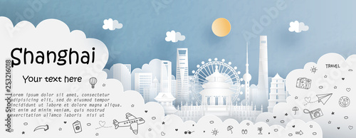 Tour and travel advertising template with travel to Shanghai, China with famous landmarks in paper cut style vector illustration