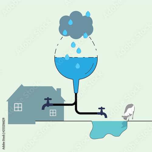 Water drop shape transform to funnel icon as a gimmick to represent rainwater harvesting for household use. Water reuse, save water. Vector illustration.