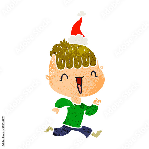 retro cartoon of a happy boy surprised wearing santa hat