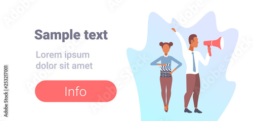 woman holding movie clapper man with loudspeaker video production and film making concept male female cartoon character full length flat copy space horizontal