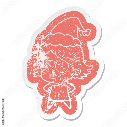 cartoon distressed sticker of a girl pouting wearing santa hat