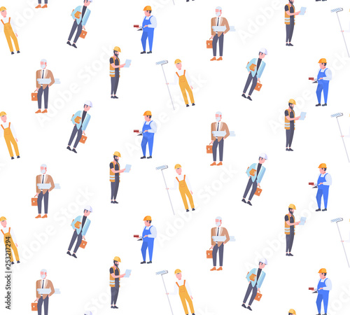 construction workers different industrial technicians men builders seamless pattern male cartoon characters full length isolated