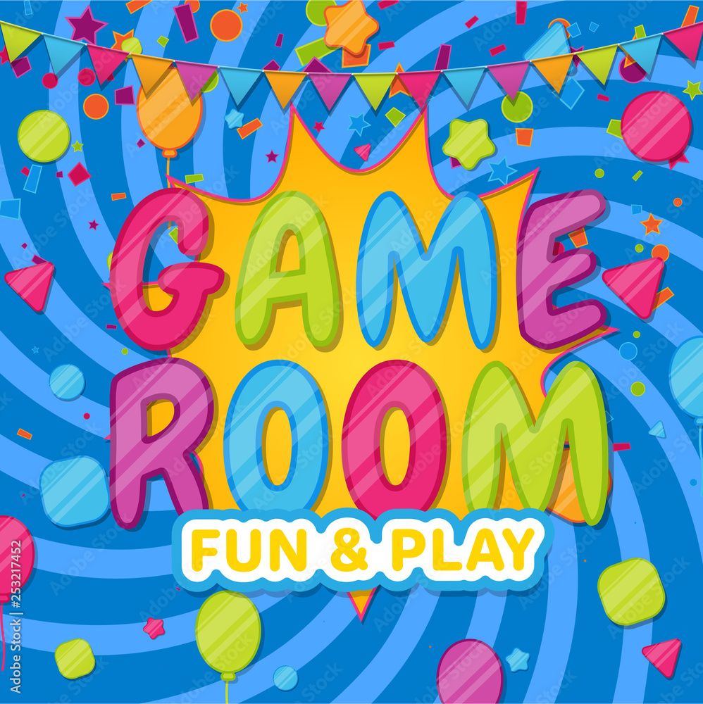 Game room. Color poster for kids zone in cartoon style. Place for fun and  play. Stock Vector | Adobe Stock