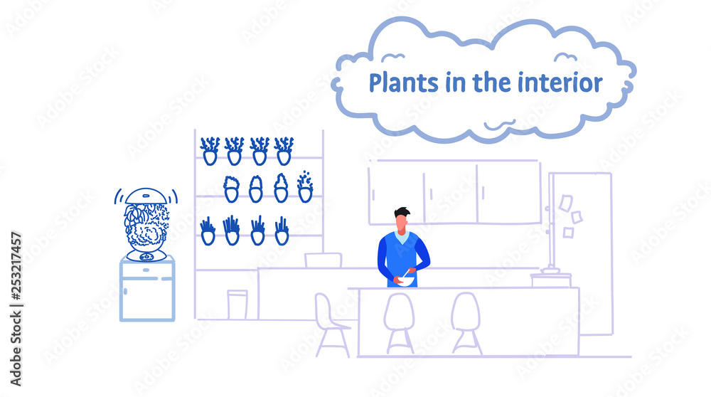 man preparing food modern dining room kitchen interior with plants on wall male cartoon character portrait sketch flow style horizontal man preparing food modern dining room kitchen interior with plants on wall male cartoon character portrait sketch flow style horizontal