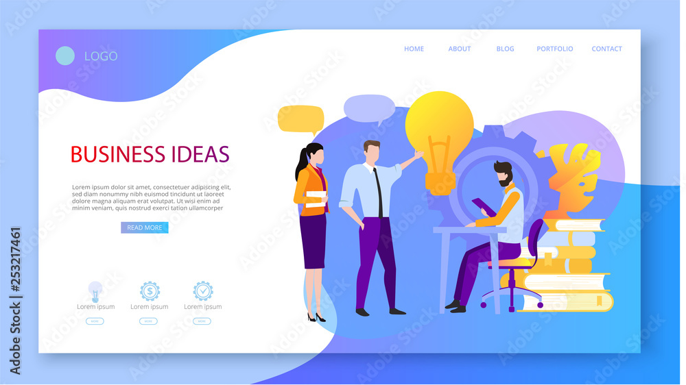 Business ideas and projects. Presentation, landing page or webpage design template with people work and confer.