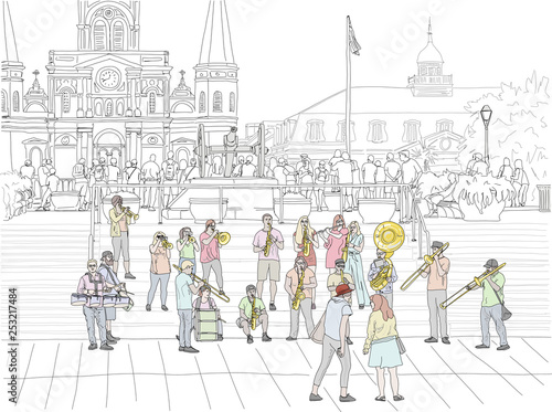 Hand drawn illustration. A big brass band performs jazz music to a crowd in Jackson Square in the French Quarter, with the St. Louis Cathedral in the distance.