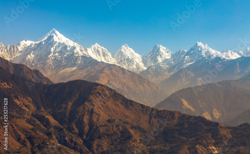 Himalaya mountain range with Panchchuli peaks visible from Munsiyari Uttarakhand India. 