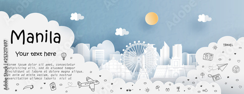 Tour and travel advertising template with travel to Manila, Philippines with famous landmarks in paper cut style vector illustration