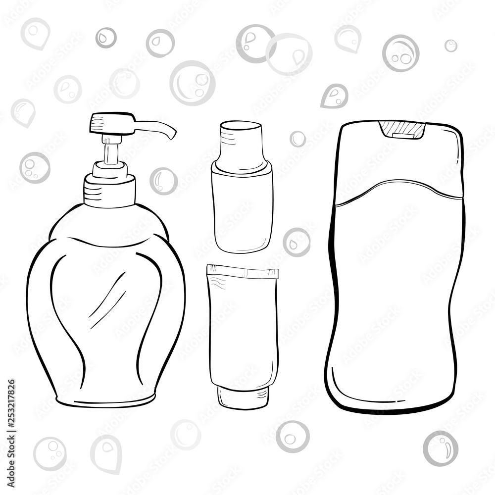 Simple Hand Draw Sketch Blank Liquid Soap, Shampoo, Mouth Wash, Tooth Paste, Water Drop and Bubble, Simple Hand Draw Sketch Blank Liquid Soap, Shampoo, Mouth Wash, Tooth Paste, Water Drop and Bubble,