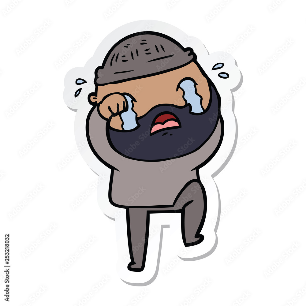 sticker of a cartoon bearded man crying and stamping foot