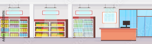 big grocery shop supermarket interior empty no people super market shopping concept flat horizontal banner