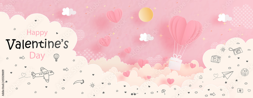 Valentines card with heart balloon in the sky, paper cut style vector illustration. 