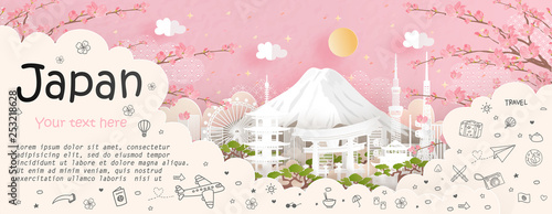 Tour and travel advertising, postcard, poster of world famous landmark of Japan in paper cut style vector illustration.