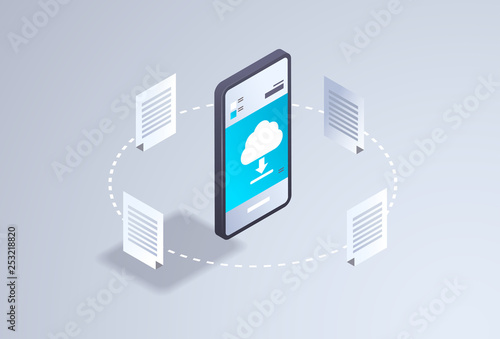 online downloading mobile application computing cloud synchronization concept network sync document storage 3d isometric smartphone screen horizontal