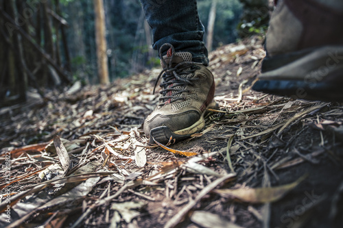 Close up traveller shoes walking in forest. travel concept.