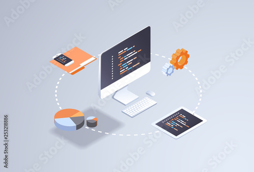 software web site design development concept programming language program code big data processing on computer screen 3d isometric coding technologies flat horizontal vector illustration