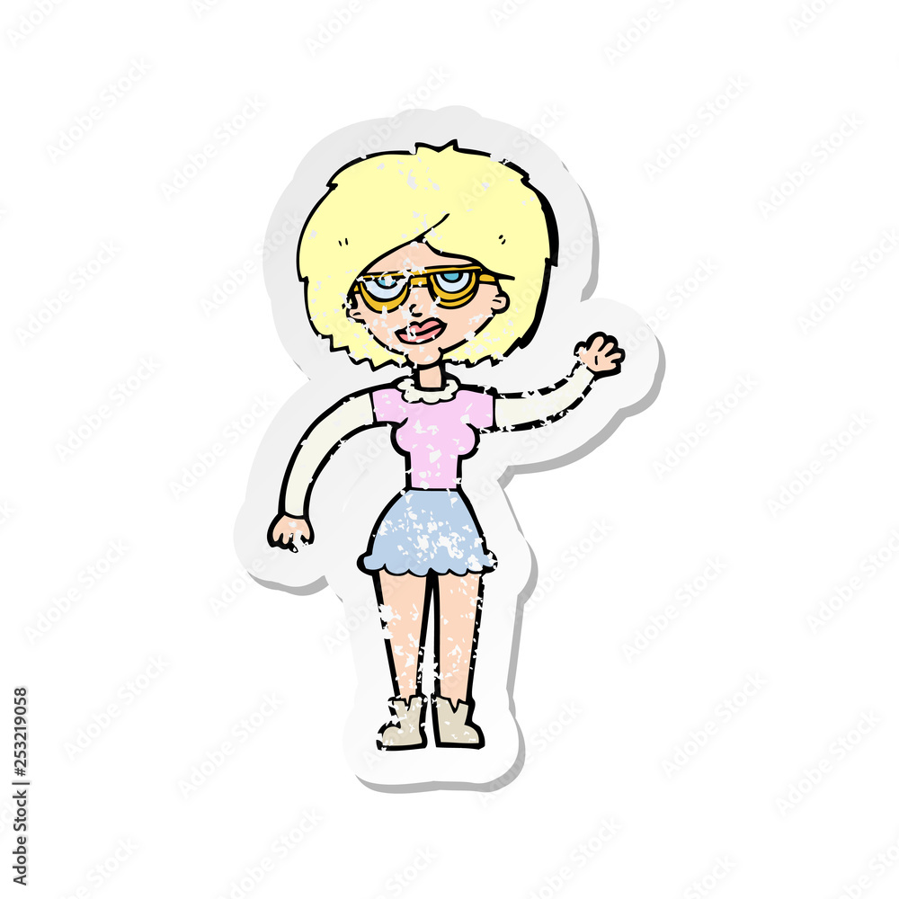 retro distressed sticker of a cartoon waving woman wearing spectacles retro distressed sticker of a cartoon waving woman wearing spectacles