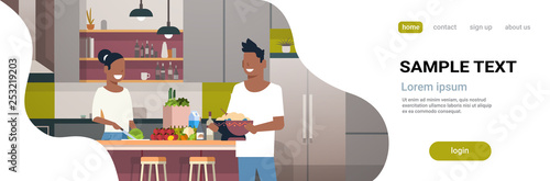 couple making dinner happy african american man woman cooking together at home modern kitchen interior male female portrait horizontal copy space flat