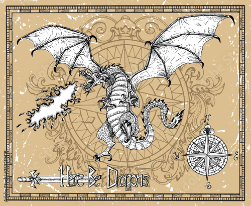 Scary dragon snorting fire, compass and title Here Be Dragons in frame. Vector sketch of tattoo fantasy concept and t-shirt design. Graphic line art illustration