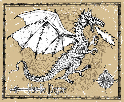 Dragon snorting fire, compass and title Here Be Dragons in frame. Vector sketch of tattoo fantasy concept and t-shirt design. Graphic line art illustration