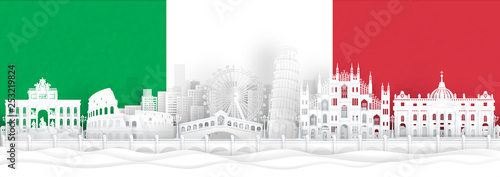 Italy flag and famous landmarks in paper cut style vector illustration. 