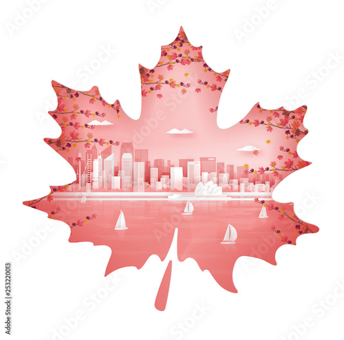 Autumn seaon with maple leave style in season concept for travel postcard, poster, tour advertising of world famous landmarks in paper cut style. Vector illustration.
