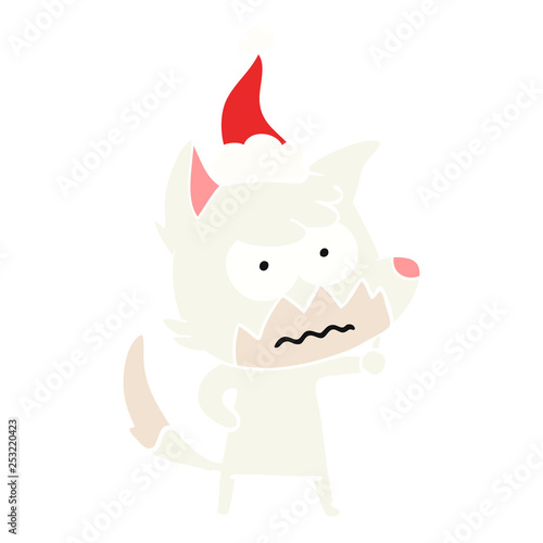 flat color illustration of a annoyed fox wearing santa hat