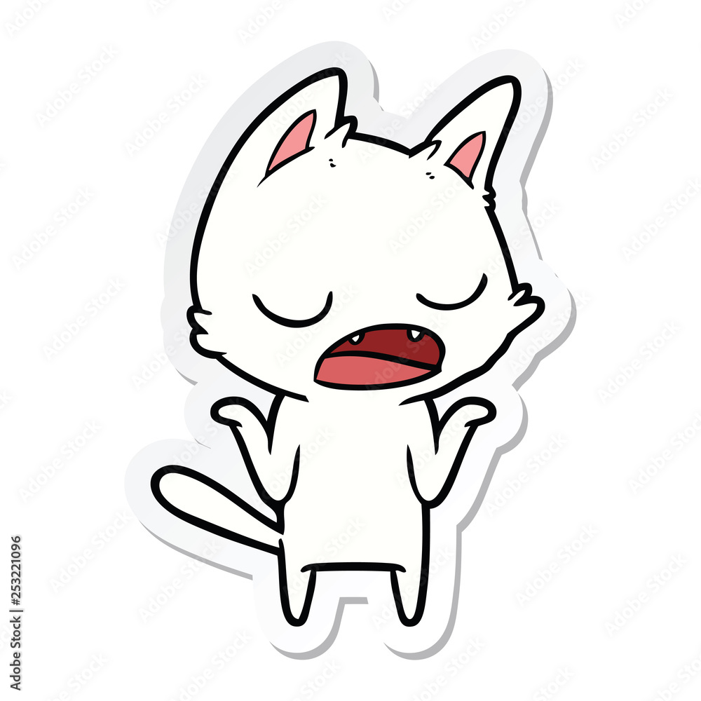 sticker of a talking cat shrugging shoulders